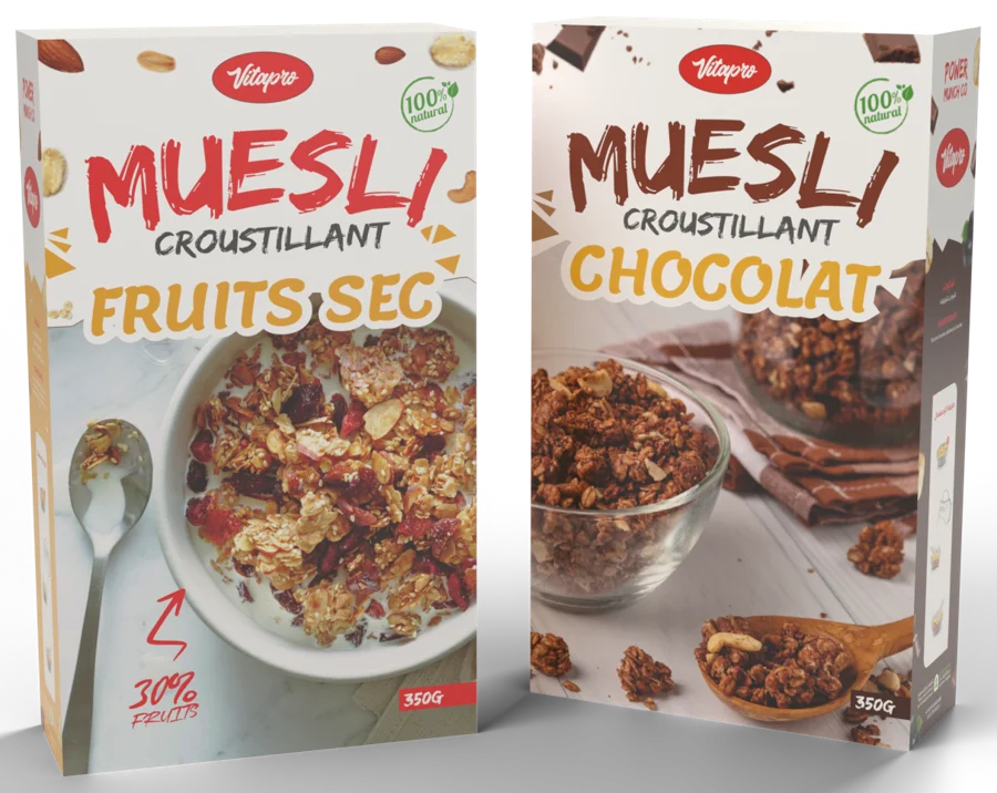 Deux boîtes de muesli Vitapro : Fruits Sec et Chocolat